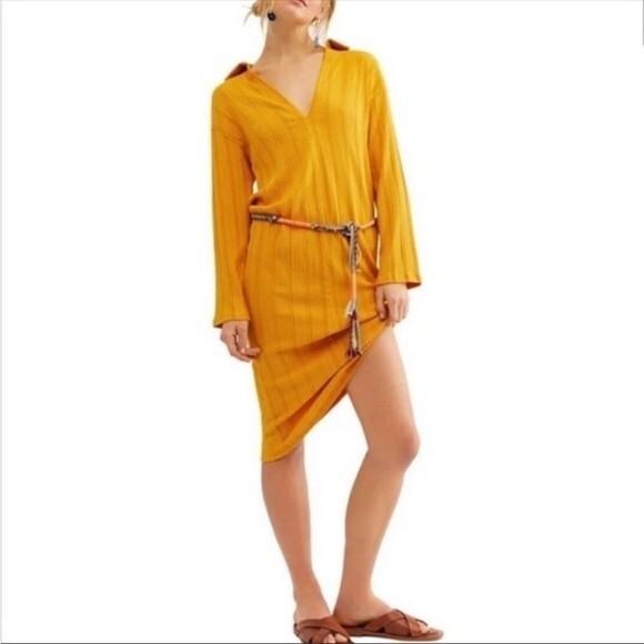 Free People Beach Aster Long Sleeve Collar Tee Dress Marigold Caftan Cover XS - Picture 2 of 10